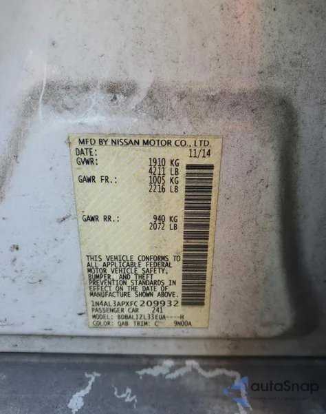 2015 Nissan Altima 2.5 из США, поврежденный, VIN 1N4AL3APXFC209932